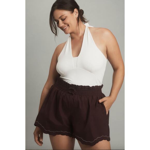 By Anthropologie Scallop-Hem Shorts drawstring maroon-ish brown 1X - Picture 2 of 12